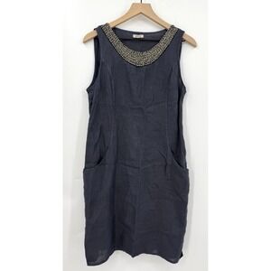 Lina Tomei Dress‎ Womens Medium Gray Linen Made In Italy Coastal Resort Beaded